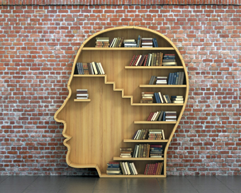 Concept of training. Wooden bookshelf full of books in form of man head on a bricks background. Science about human. Psychology. A human have more knowledge.
